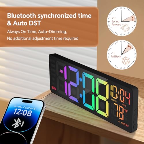 16-Inch RGB LED Digital Wall Clock with Bluetooth Sync, Remote & Dual Alarms