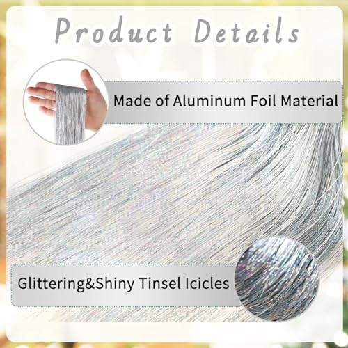 Silver Christmas Tinsel Icicles - 2000 Strands Iridescent Tree Decor, 19.7"