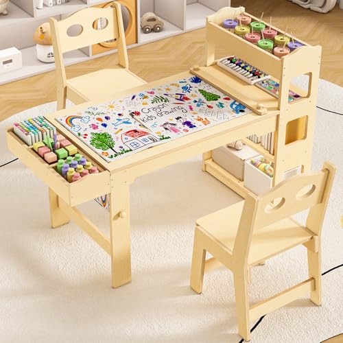 Kids Wooden Art Table and 2 Chairs Set with Paper Roll and Storage