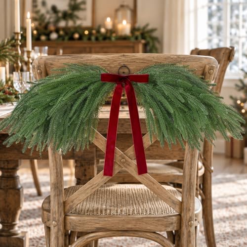 Waipfaru 26 Inch Artificial Norfolk Pine Christmas Mirror Garland with Red Bow - Reusable Holiday Decor