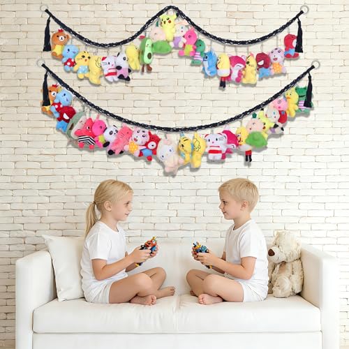 2-Pack Stuffed Animal Storage Chain with 40 Metal Clips, 80-Inch Boho Wall Organizer