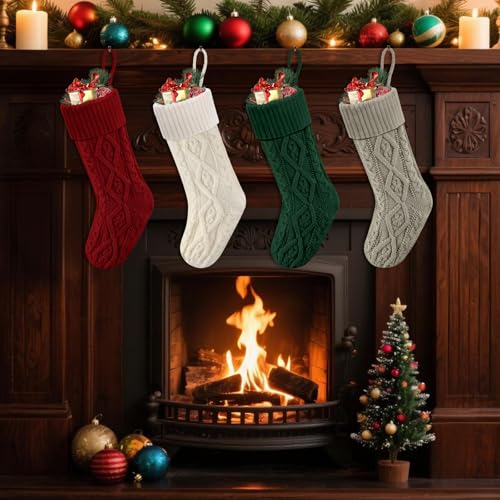 18 Inch Cable Knitted Christmas Stockings for Mantel & Holiday Decor