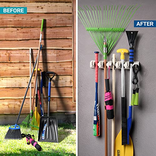Broom and Mop Holder Wall Mount Garage Organizer with 5 Slots and 6 Hooks