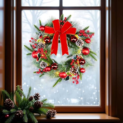 20-Inch Pre-Lit Christmas Wreath with LED Fairy Lights & Red Ornaments