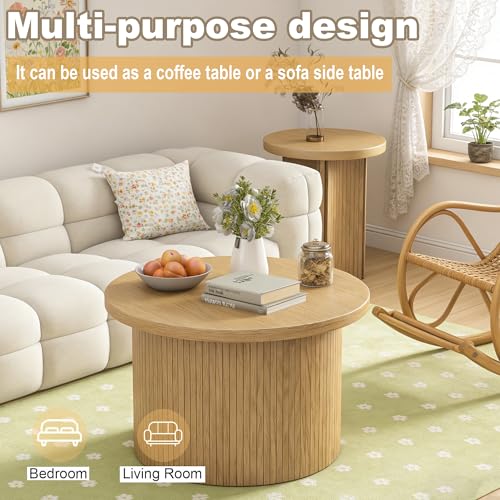 Round Nesting Coffee Table Set of 2, Rustic Wood Finish Stackable Side Tables