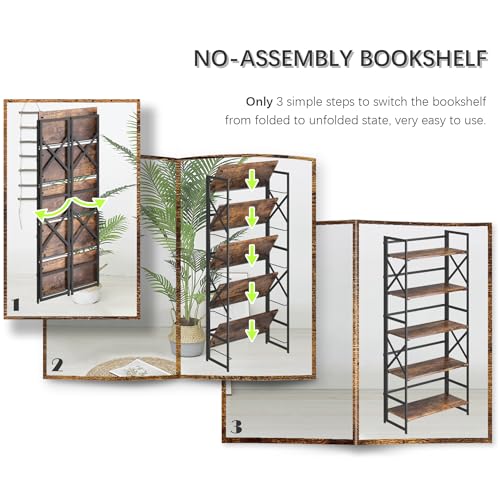 5-Tier Industrial Folding Bookshelf, No-Assembly Metal & Wood Bookcase
