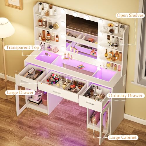 Makeup Vanity Desk with Mirror, LED Lights, Power Outlet and Storage