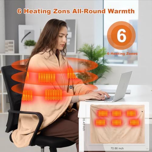Cordless Wearable Heated Throw Blanket with 20000mAh Battery & 6 Zones