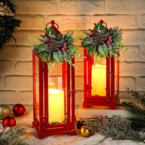 Baquler 2-Pc Red Christmas Lanterns with LED Candles – Farmhouse Metal Decor