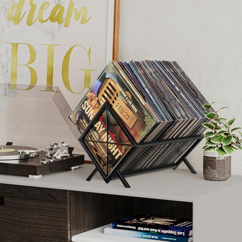 Metal Vinyl Record Storage Holder - 100 LP Album Display Rack, Black
