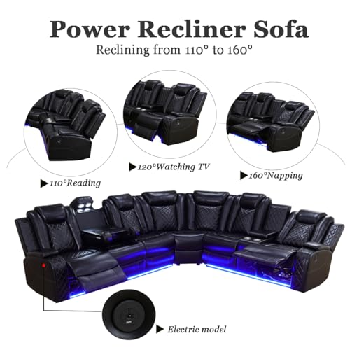 Power Reclining Sectional Sofa with LED Lights, USB Charging & Storage