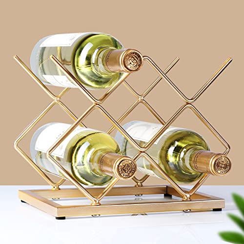 5-Bottle Gold Metal Wine Rack - Modern Geometric Countertop Storage Stand