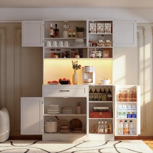 72" Tall Kitchen Pantry Cabinet with LED Lighting and Charging Station