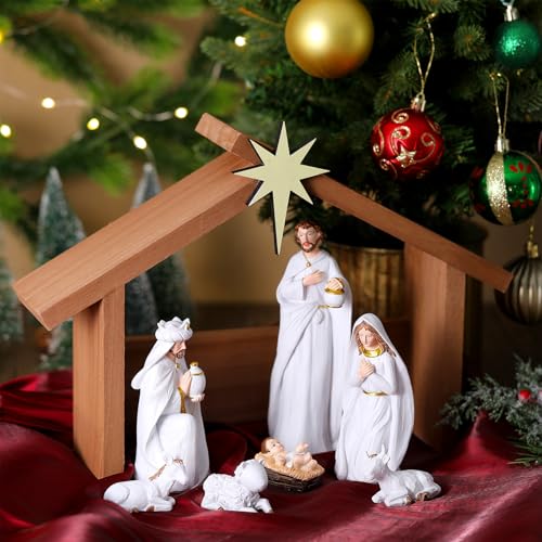 Wooden Nativity Manger Stable Creche with Roof Star, Fits 7-Inch Figures