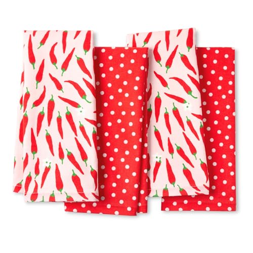 4-Piece Cotton Kitchen Towel Set - Pepper and Polka Dot Print, 17" x 28"