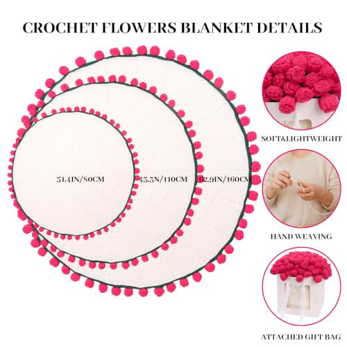 Red Rose Crochet Flower Bouquet Blanket 31 Inch Romantic Gift for Women