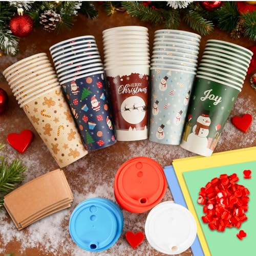 CUPLOOV 16oz 25-Pack Christmas Coffee Cups with Lids & Sleeves - Retro 5-Design Holiday Paper Cups