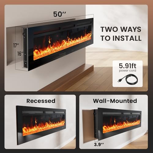 Silonn 50-Inch Smart Electric Fireplace Heater, Wall-Mounted & Recessed with App, Remote, and 20 Flame Colors