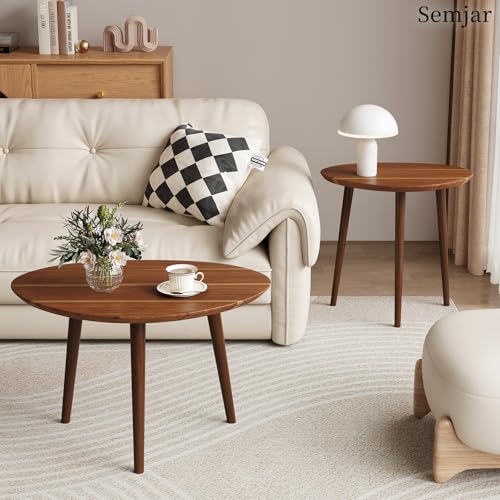 Small Oval Coffee Tables Set - Walnut Mid-Century Modern Nesting Tables