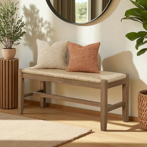Alaterre Newport Solid Wood Entryway Bench with Rush Seat - Natural, Storage-Free