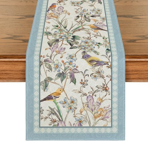 Artoid Mode Blue Birds Flowers Blossom Table Runner 13x72 inch Spring Kitchen Decor