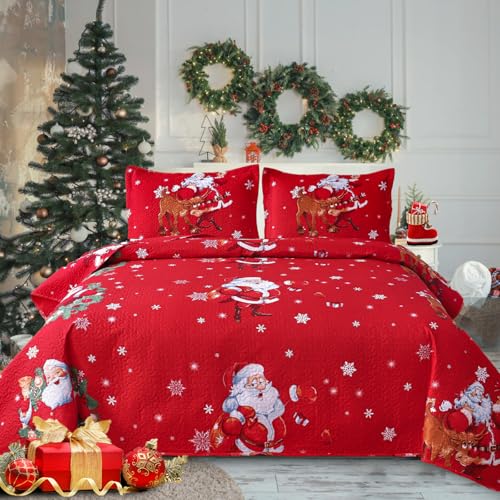 CHINO Christmas Quilts Bedding Set Queen Dark Red 3-Piece with Santa Claus Pattern