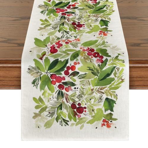 Holly Christmas Table Runner 13 x 108 in Green by Artoid Mode