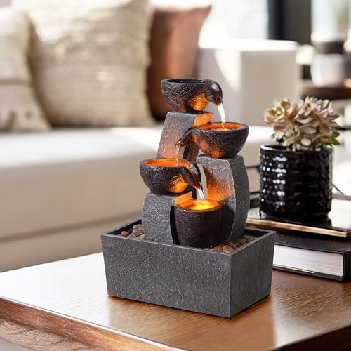 Tabletop Water Fountain with LED Lights - Indoor Waterfall Desk Decor