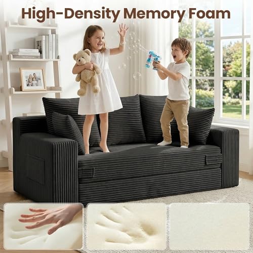 70-Inch 3-in-1 Convertible Sofa Bed, Corduroy Sleeper Couch with 5 Pillows
