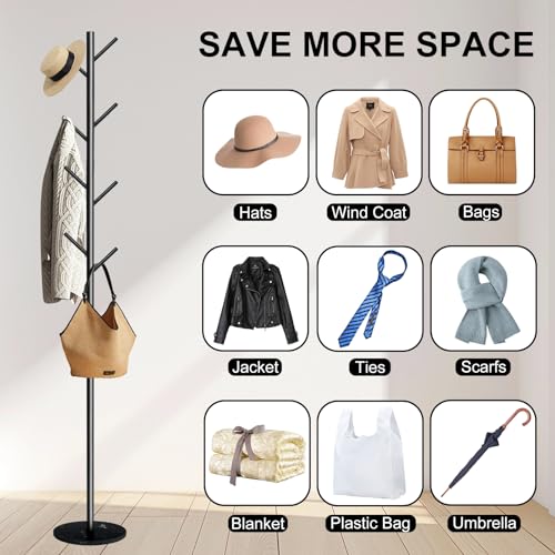Freestanding Metal Coat Rack with Natural Marble Base, 8-Hook Coat Stand
