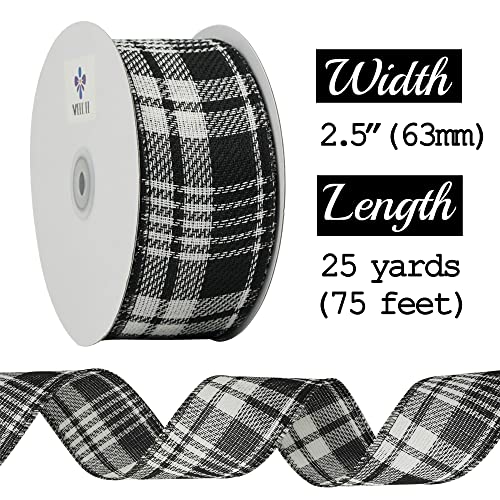 MEEDEE Black & White Wired Ribbon 2.5 Inch Christmas Plaid 25 Yards