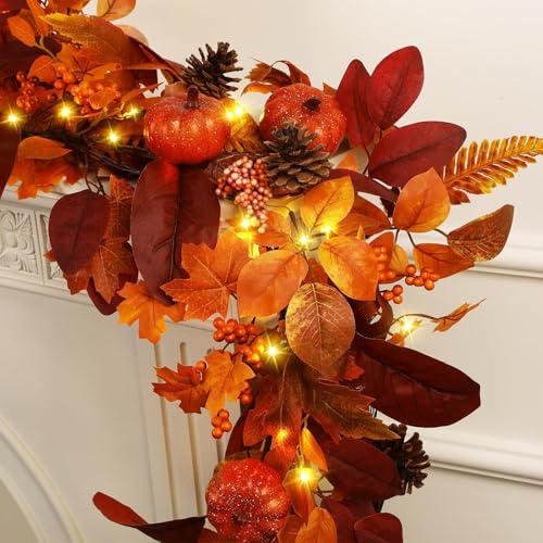 9ft Lighted Fall Garland with Timer, Autumn Maple Leaves & Pumpkins