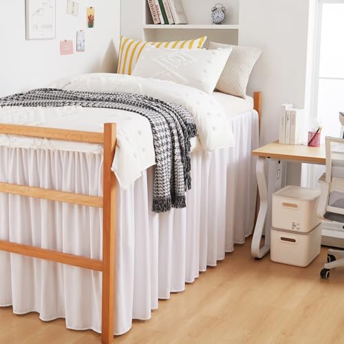 Twin XL Dorm Bed Skirt with 32 Inch Drop - Extra Long Dust Ruffle (White)