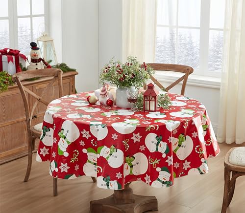 Newbridge 70-Inch Round Red Snowman Christmas Vinyl Tablecloth with Flannel Backing