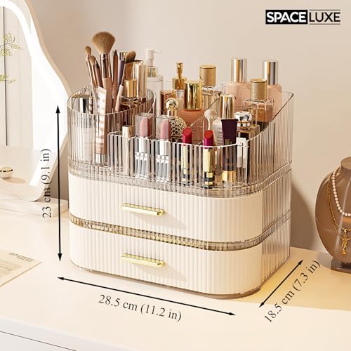 SpaceLuxe Cream White 3-Layer Rotating Makeup Organizer with Drawers
