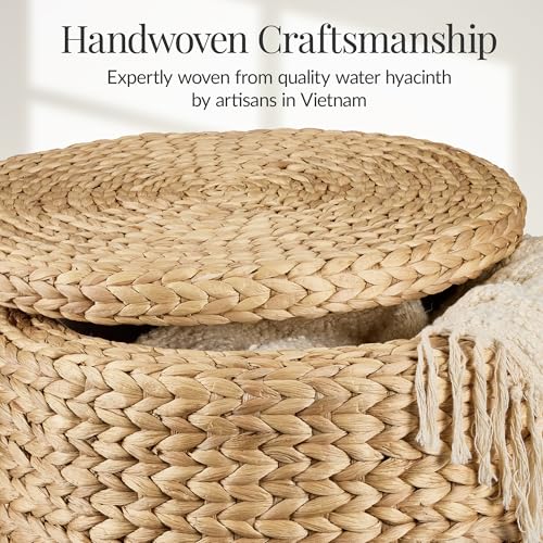 17-Inch Round Woven Water Hyacinth Storage Ottoman with Lid and Wooden Legs