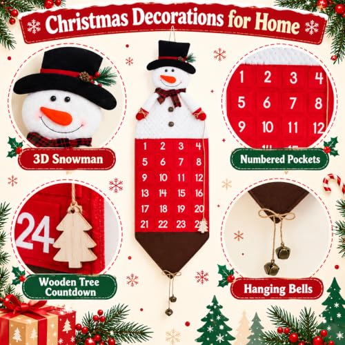 Heyaner 24-Days Christmas Advent Calendar Snowman Wall Hanging Countdown with Pockets