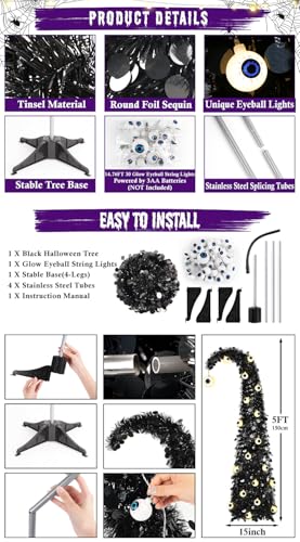 5FT Black Pop-Up Halloween Tree with Eyeball String Lights & Timer