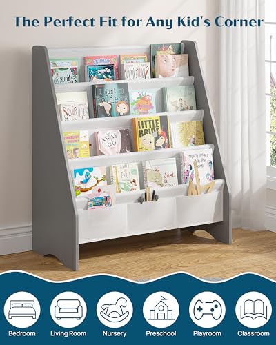 4-Tier Kids Bookshelf with Oxford Fabric Slings, Grey Toddler Book Rack