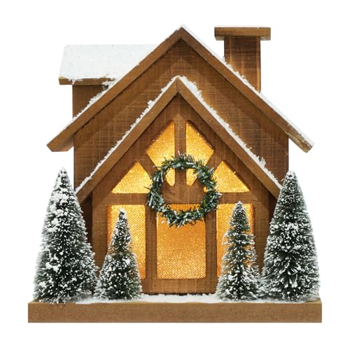 Christmas Wooden Snow Scene Village Lamp - Rustic Ski Lodge with Timer - HOMirable