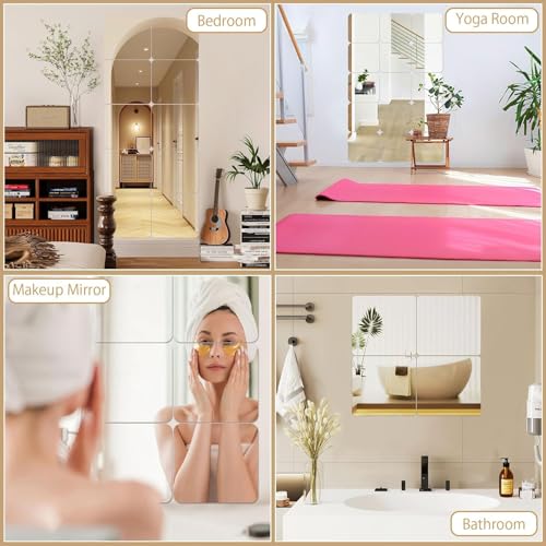 4 Pack Self-Adhesive Acrylic Mirror Tiles, 8x8 Inch Flexible Wall Sheets