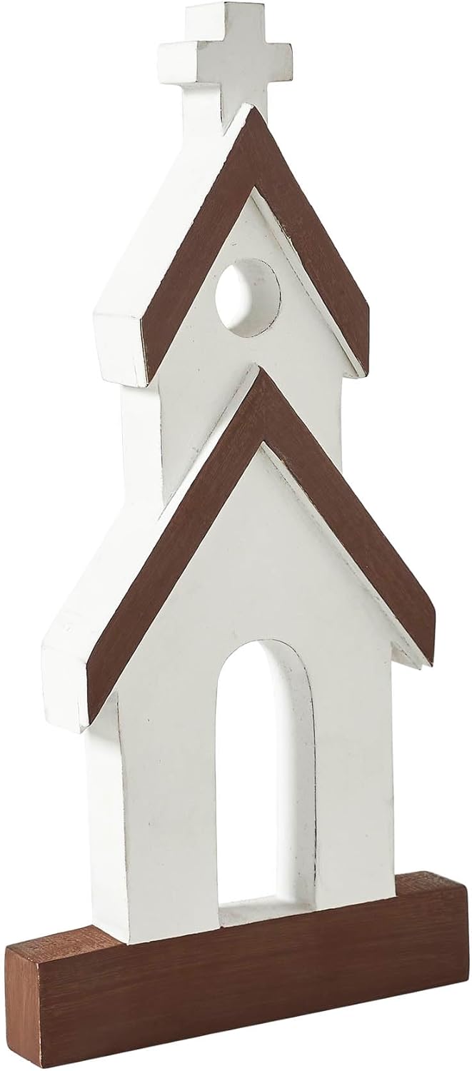 VHC Brands Wooden Church Figurine - Brown Roof Design | 12"x6"x1" Perfect Home Decor