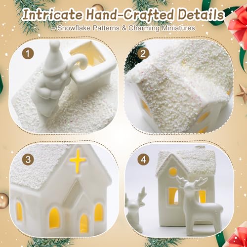 14-Piece Ceramic Christmas Village Set with LED Lights and Santa Figurine