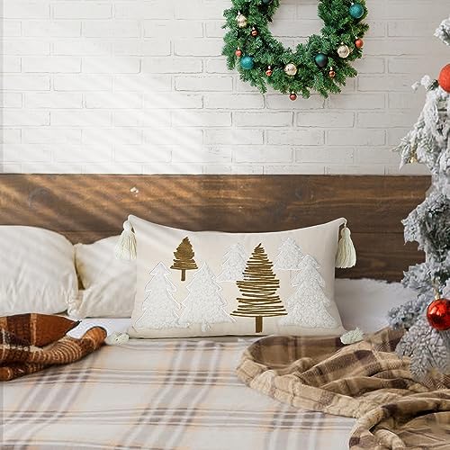 Lewondr Christmas Pillow Cover - Beige Trees, 12x20 Inch, Velvet & Embroidered Design
