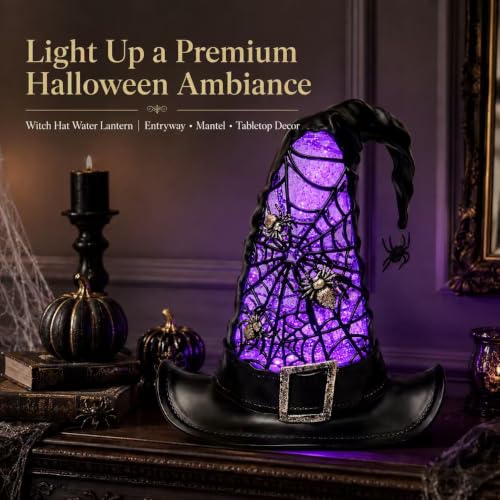 Halloween Witch Hat Snow Globe Lantern with Purple LED Light and Glitter