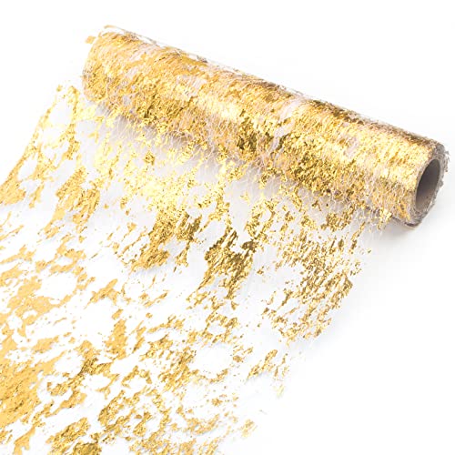 Ohanniewa Gold Table Runner 11in x 32ft Glitter Mesh Foil Roll – Wedding, Christmas
