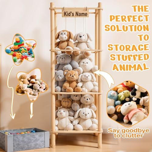 57-Inch Wooden Stuffed Animal Storage Zoo with Toy Tray and Nameplate