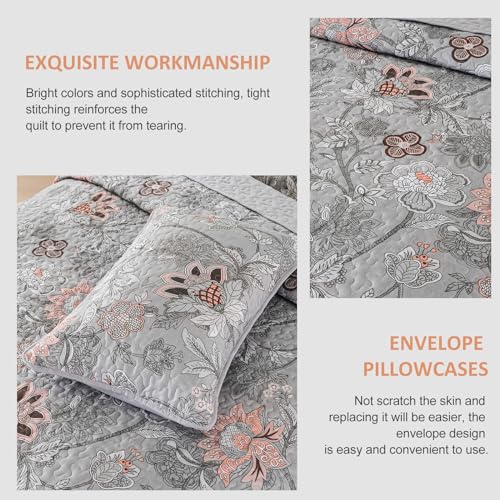 Grey Floral Quilt Set Queen Size - Soft Microfiber Bedding 3-Piece