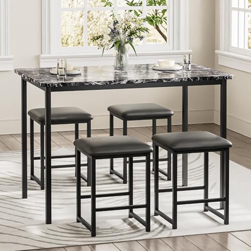 5-Piece Dining Table Set for 4, Marble Top Table with Faux Leather Stools