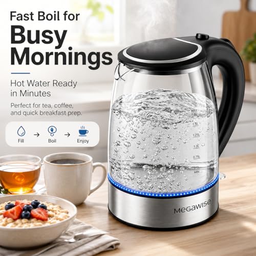 1.8L Electric Glass Kettle with Stainless Steel Base and Auto Shut-Off